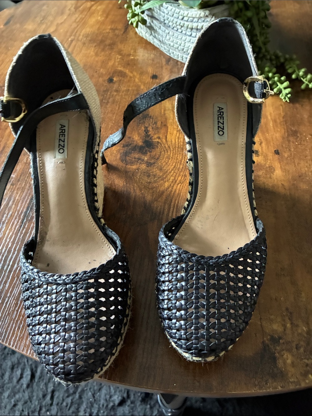 Arezzo Black Woven Espadrille Wedge Sandals with Ankle Strap